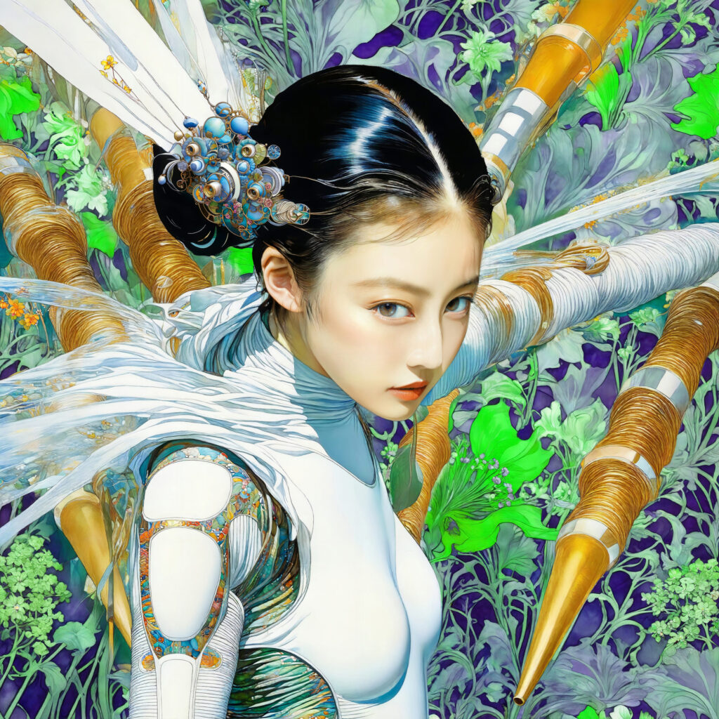 A Futuristic Warrior with Art Nouveau Armor in a Lush Garden